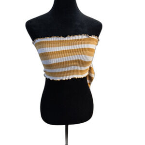 Forever 21 Mustard & White Stripe Ribbed Tube Top — Lettuce Hem, Strapless